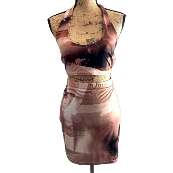 Prettylittlething Neutral Marble 2 Piece Skirt Set Halter Mini US Size 6 - Picture 1 of 6